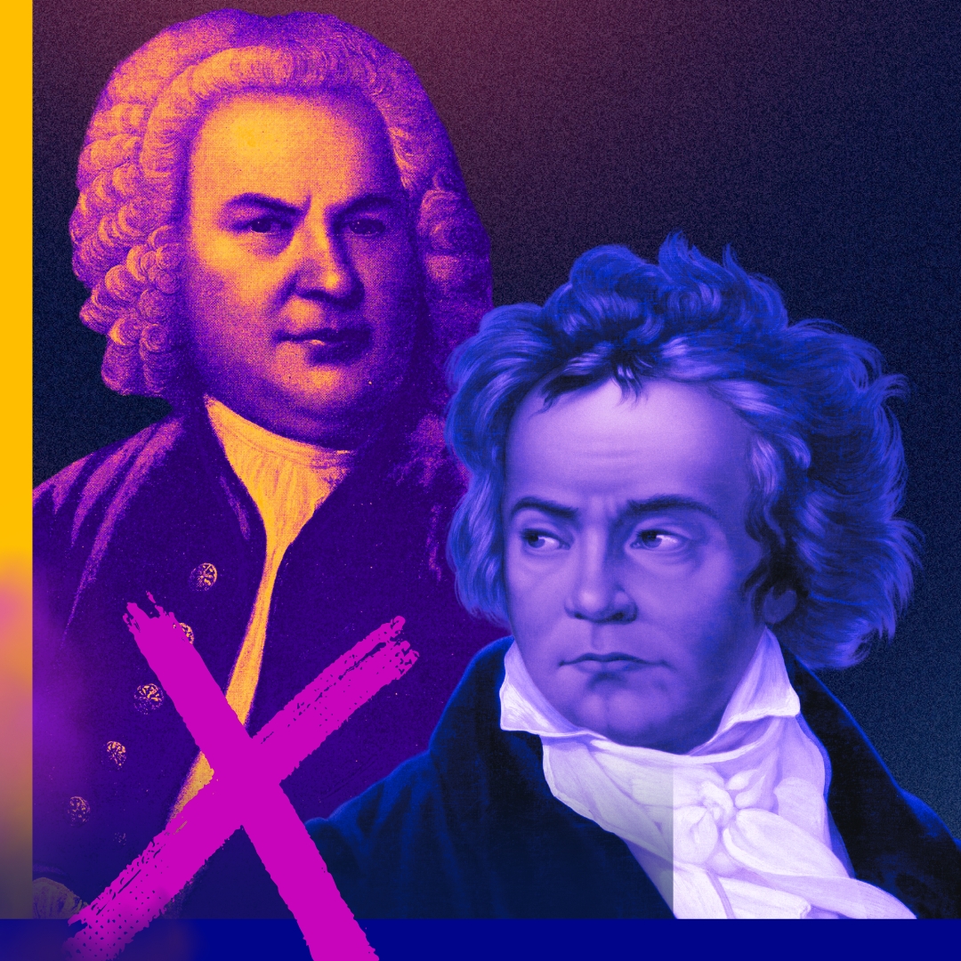 Säveltäjät Bach ja Beethoven vahvasti värikäsitellyssä kuvassa. Etualalla violetti X.