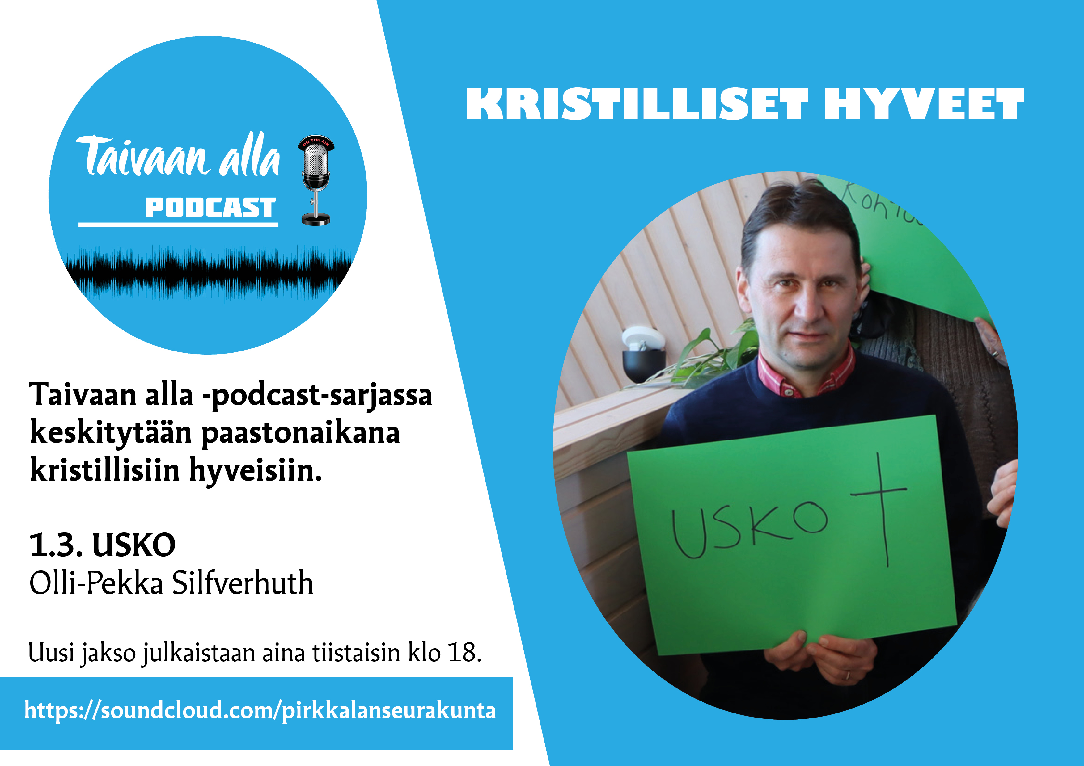 Mainos paastonajan podcast-sarjasta. Oikealla kirkkoherra Olli-Pekka Silfverhuth.