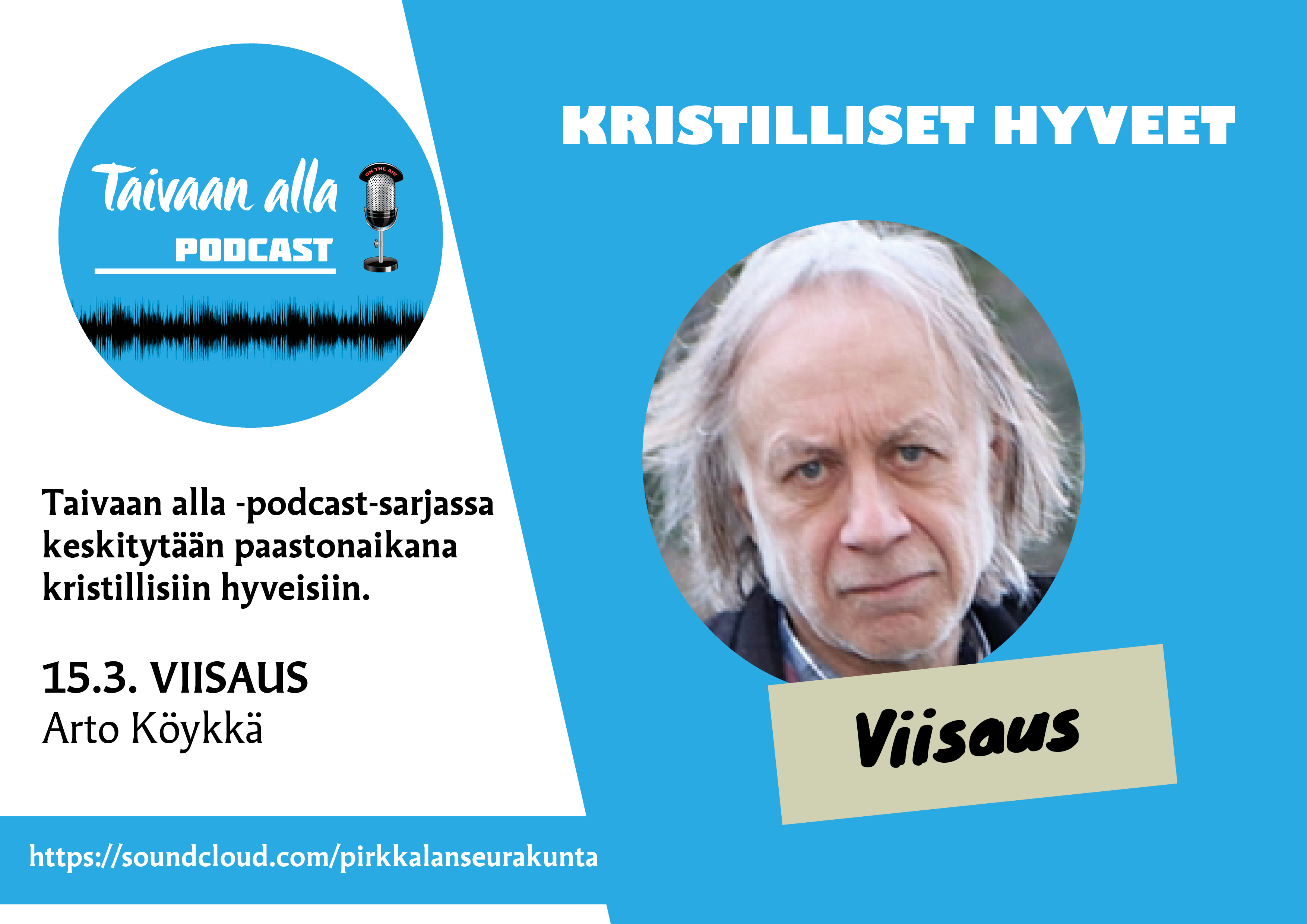 Pastori Arto Köykkä podcastin mainoksessa.