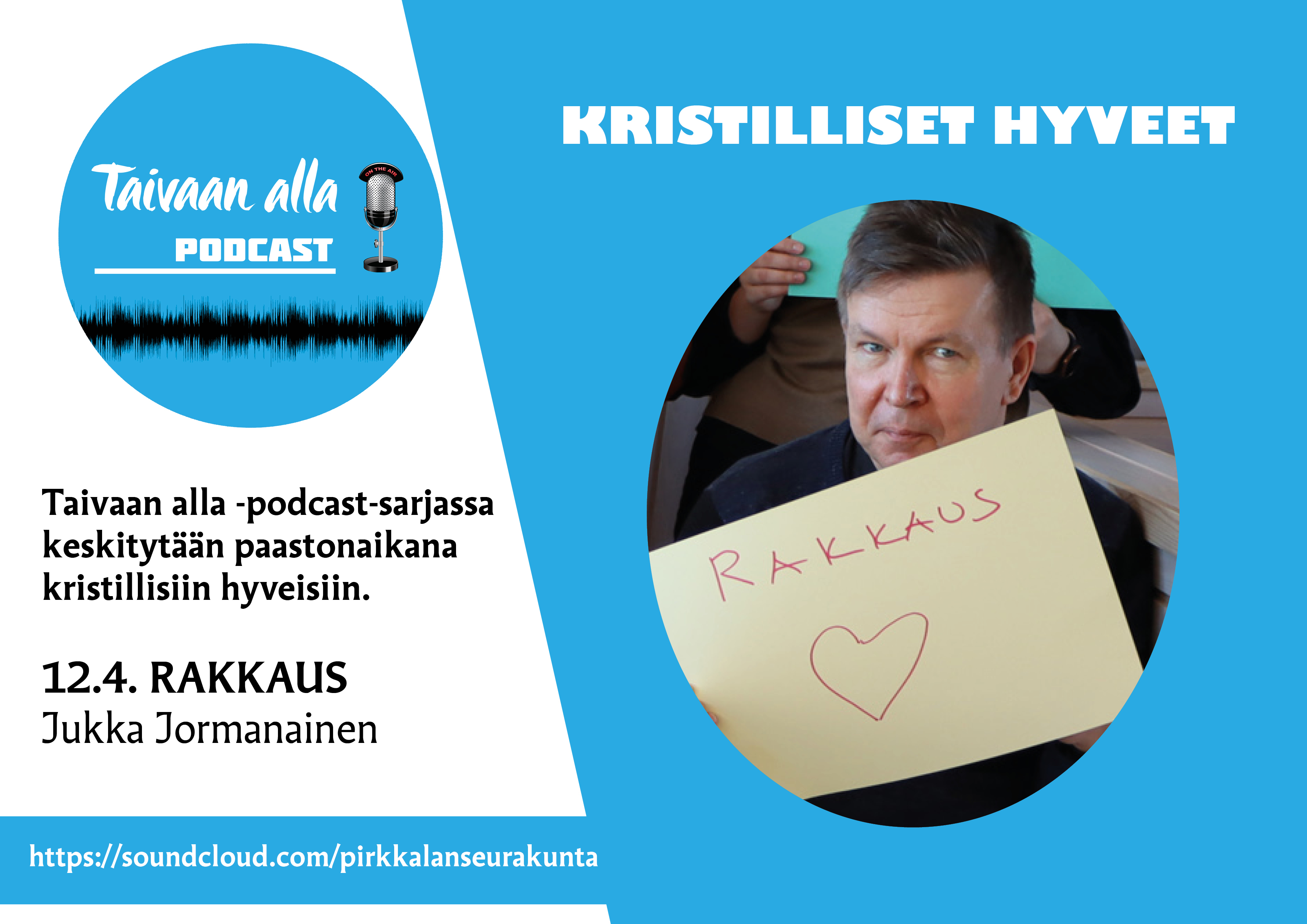 Pastori Jukka Jormanainen podcastin mainosjulisteessa. Jormanaisen kädessä on paperi, jossa lukee 