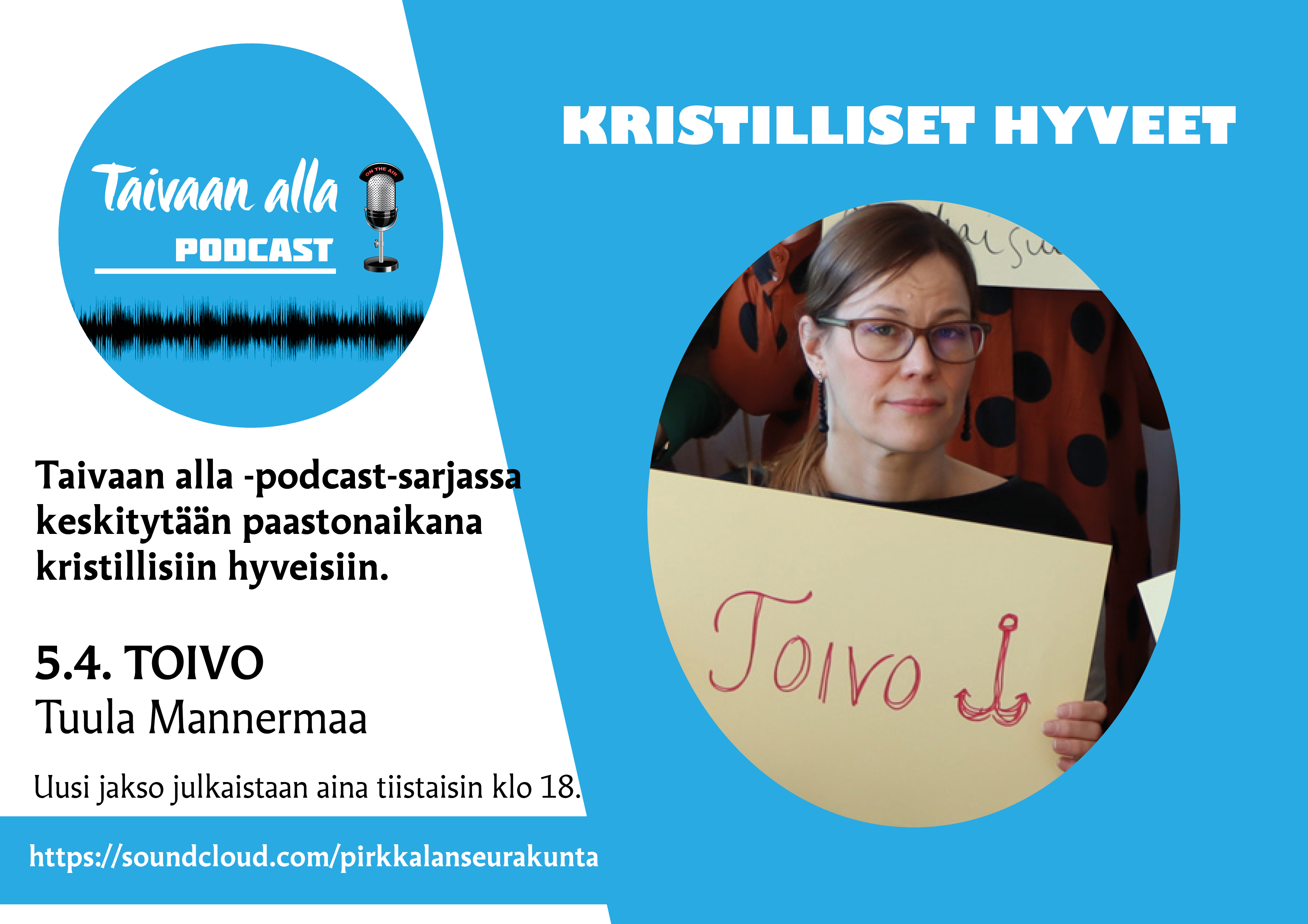 Pastori Tuula Mannermaa podcastin mainoksessa.
