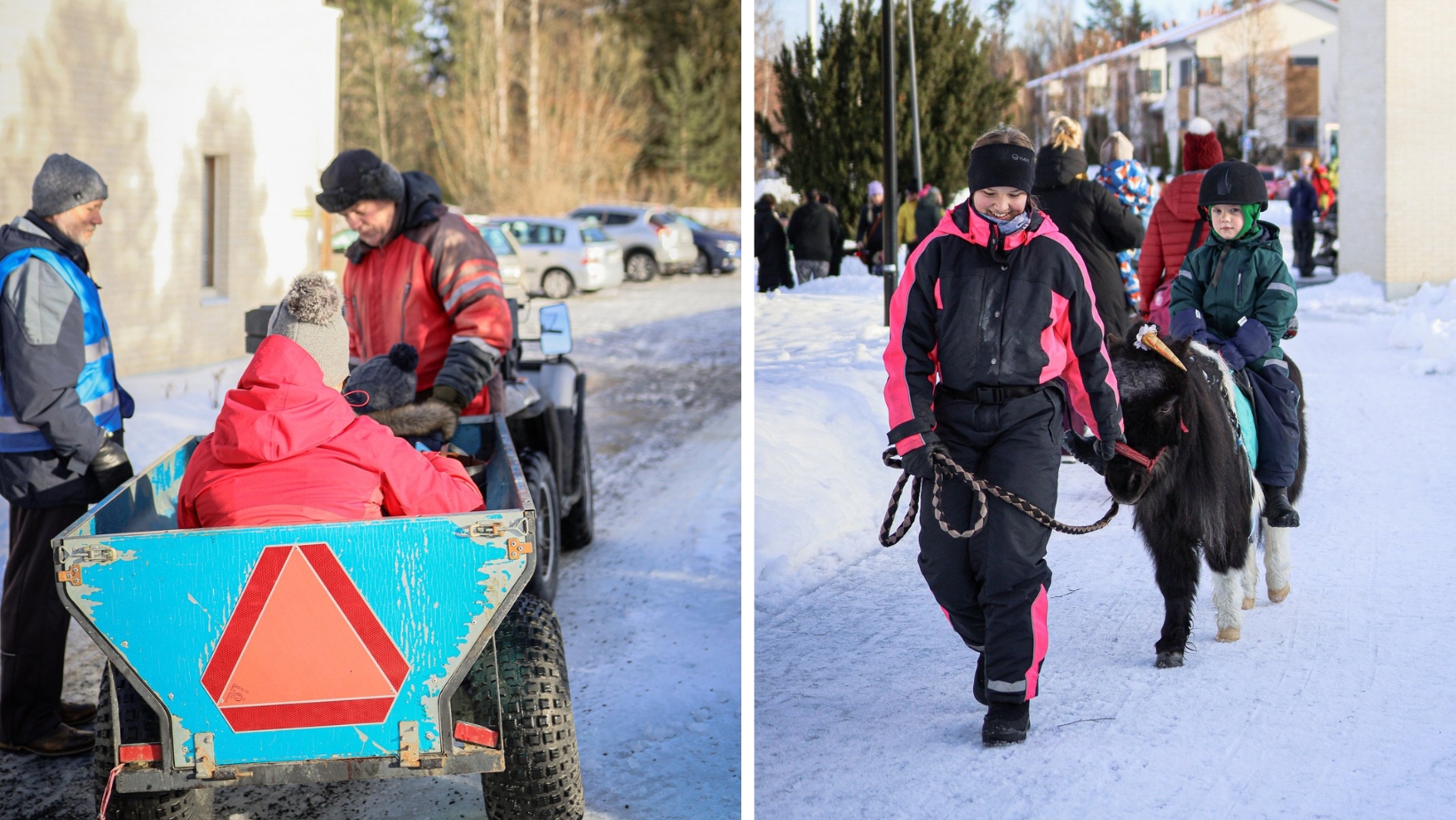 Kaksi kuvaa vierekkäin. Vas. lapsi moottorikelkan peräkärryssä selkä kohti kameraa, oik. poni taluttajan ka...