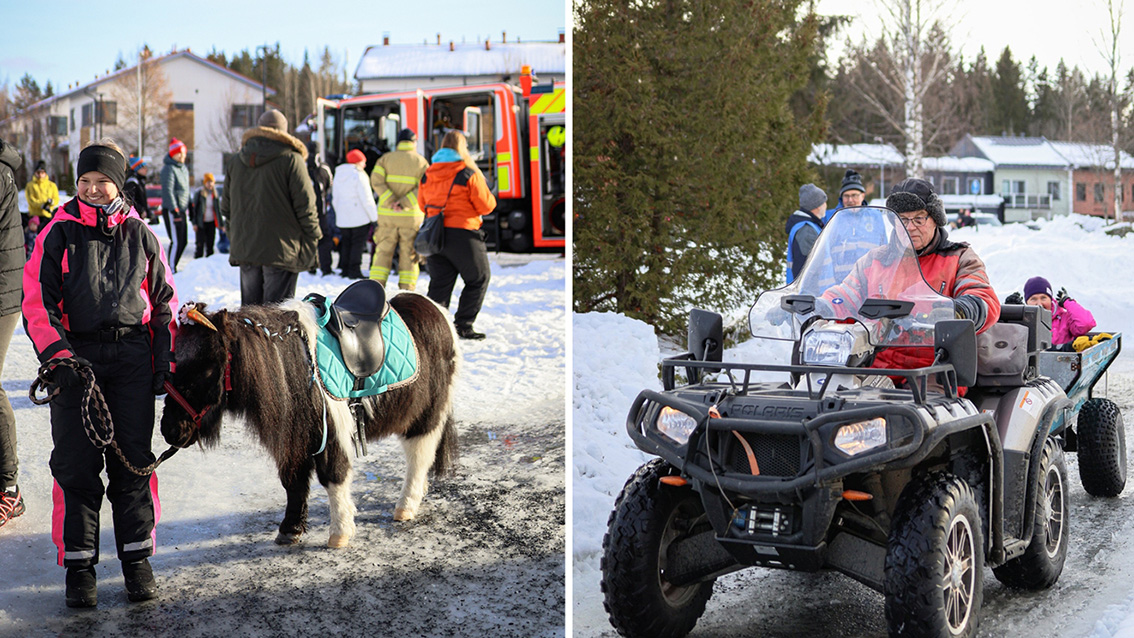 Kuvakollaasi edellisvuoden talvitapahtumasta. Vasemmalla poni ja taluttaja, oikealla mönkijäajelua.