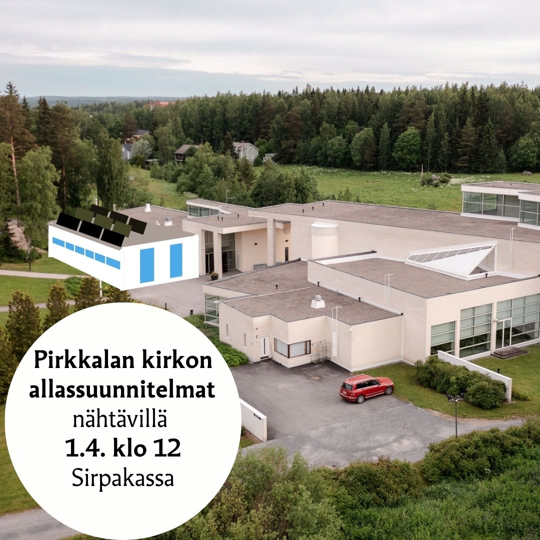 Kirkon kylkeen kuvattu karkeasti uimahallilaajennus.