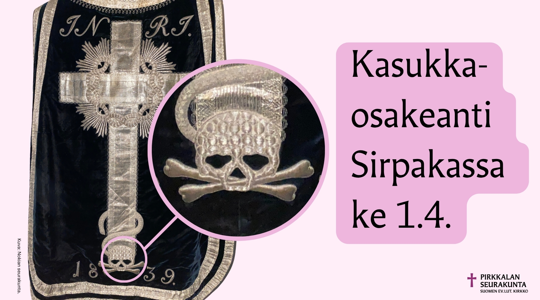 Musta samettinen messukasukka, kirjailtu hopealla mm. risti.