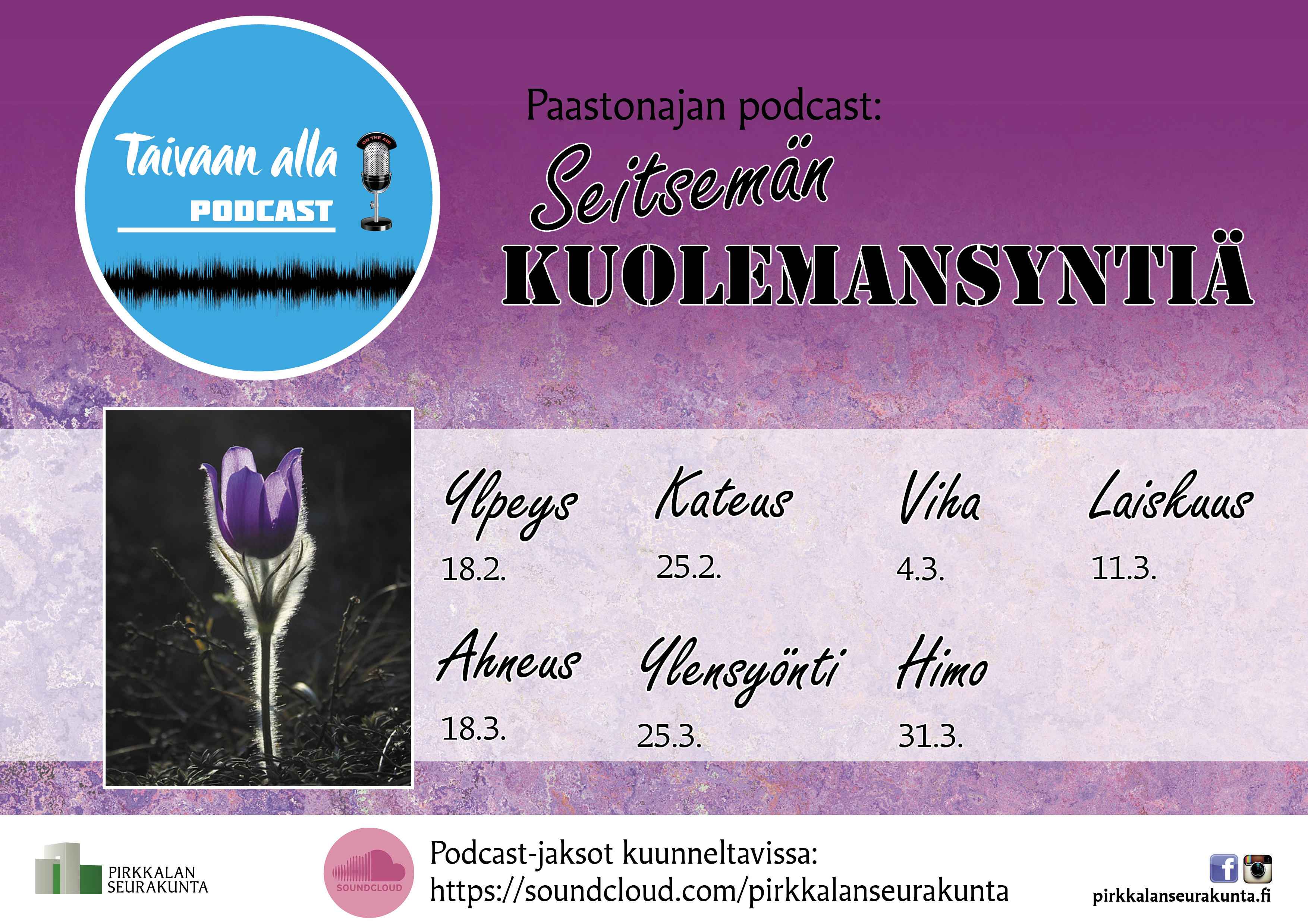 Violetti kukka ja podcastein aiheet.