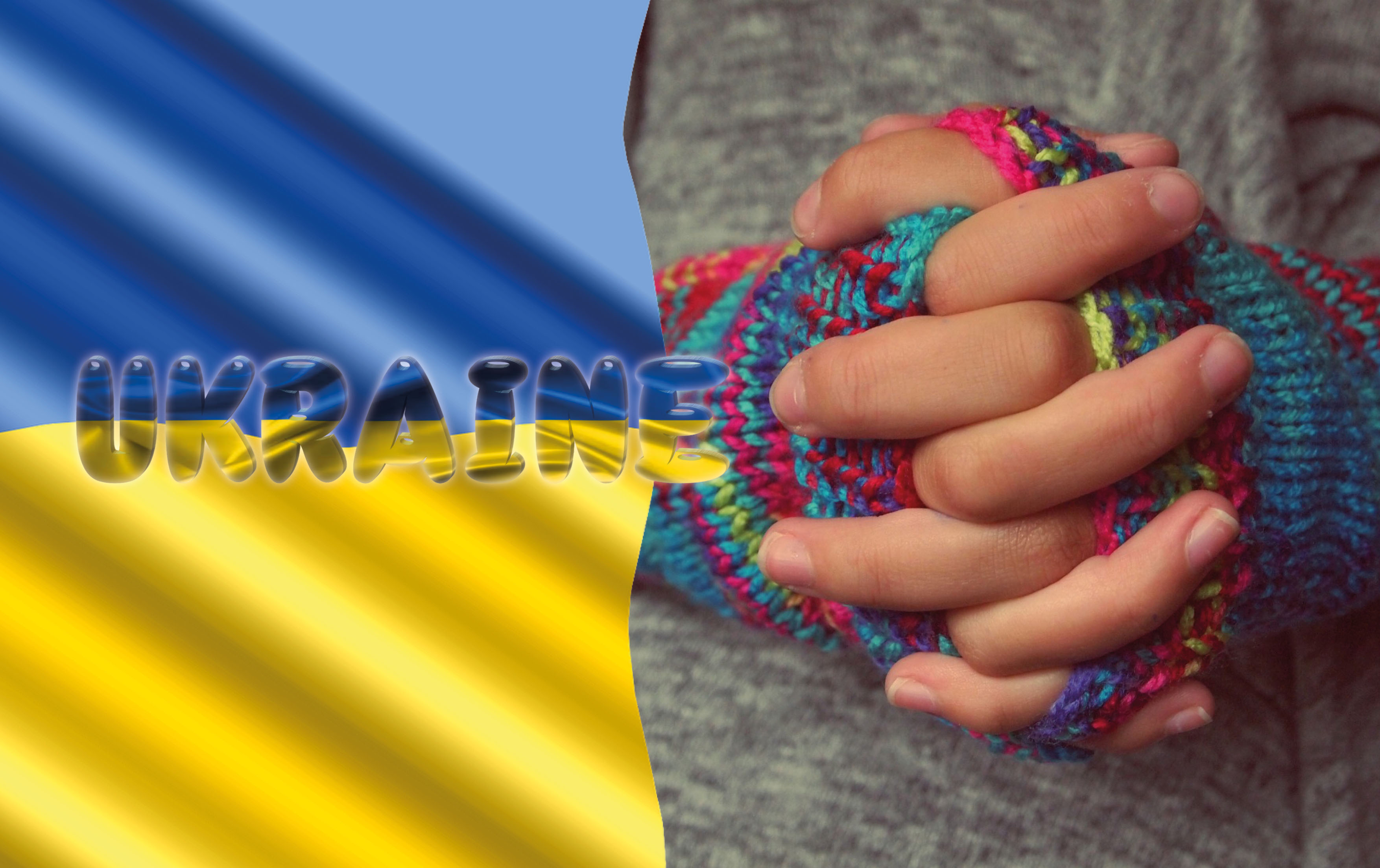 Kädet ristissä, taustalla Ukrainan lippu.