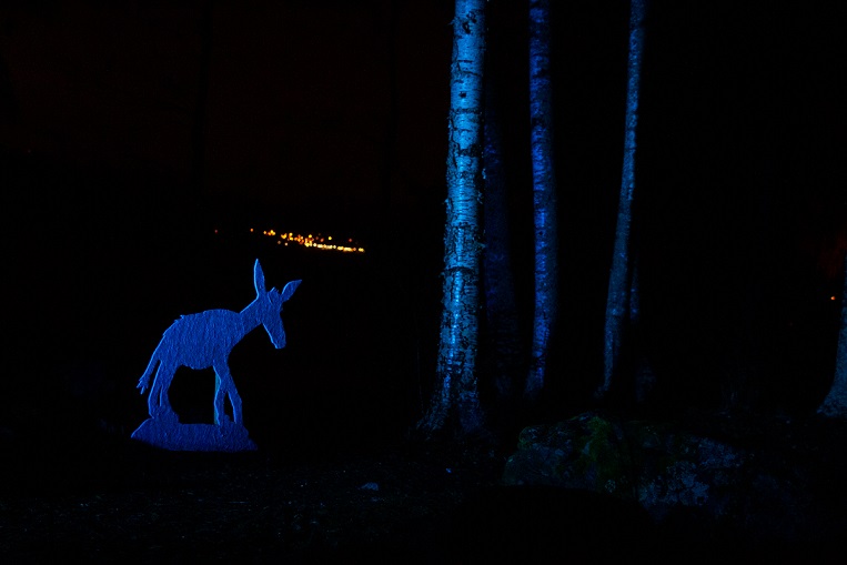 Valaistu vanerinen aasi Pappilan valopolulla.
