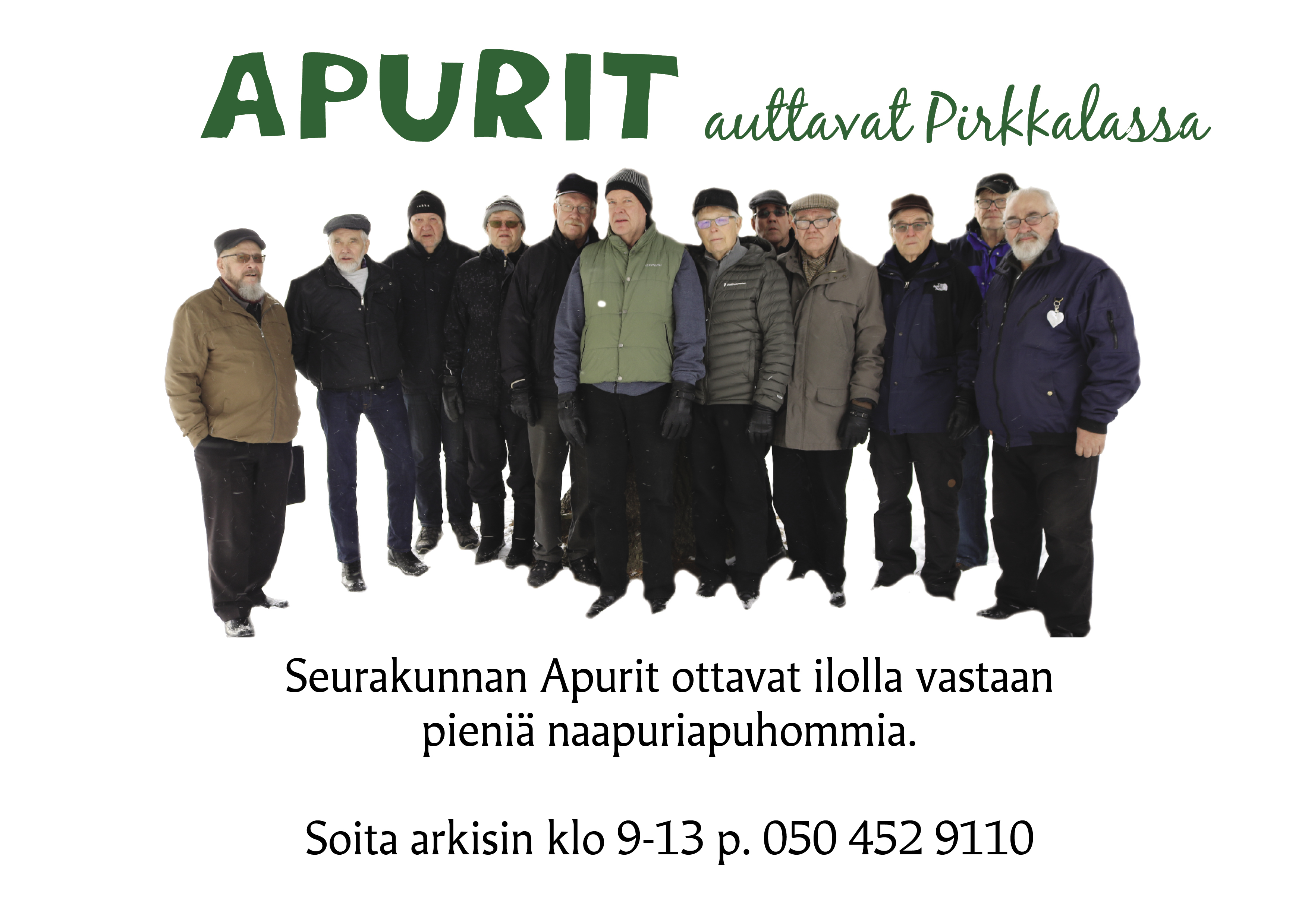 Apurimiehiä rivissä.