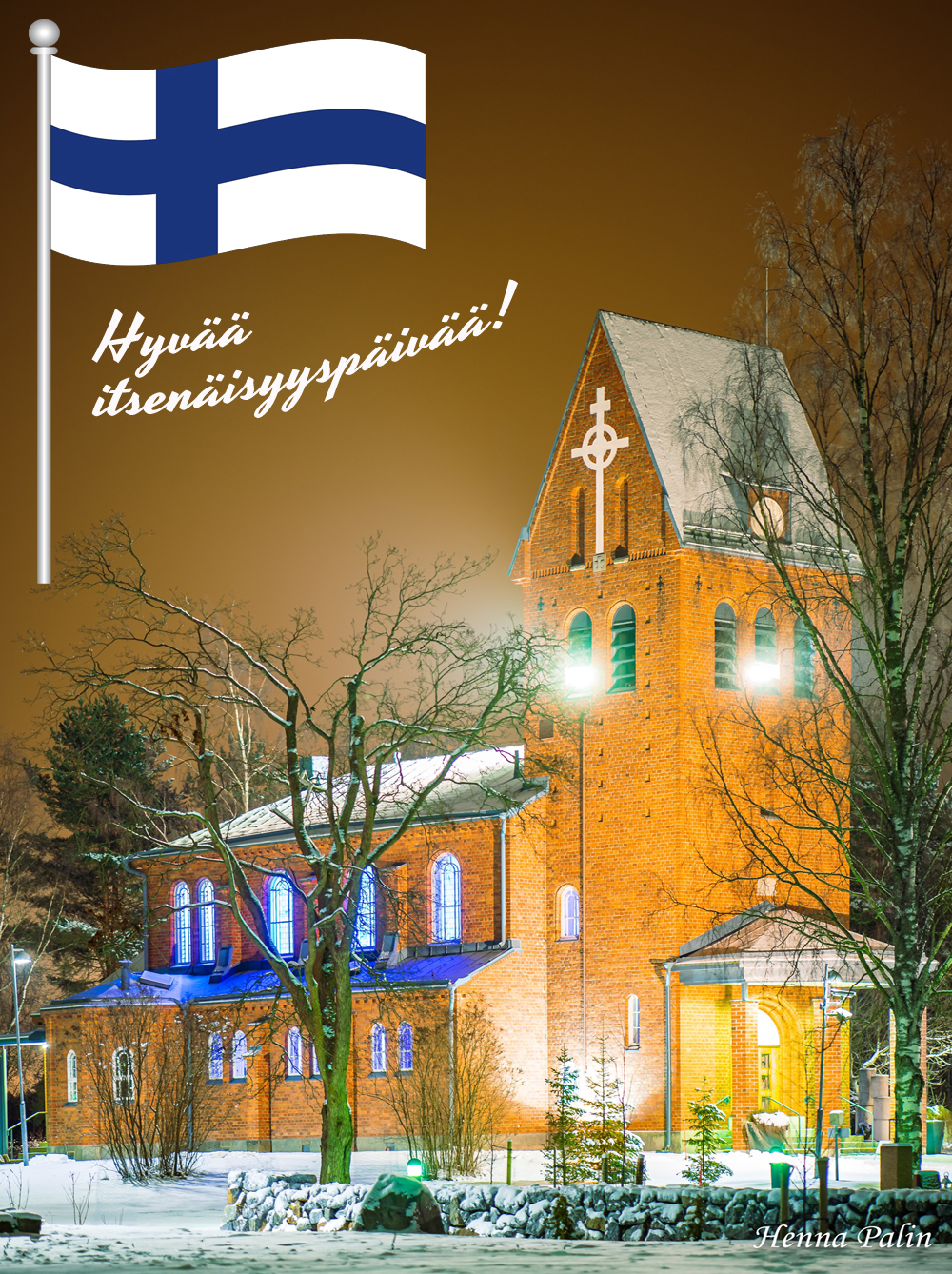 Vanha kirkko ja Suomen lippu.