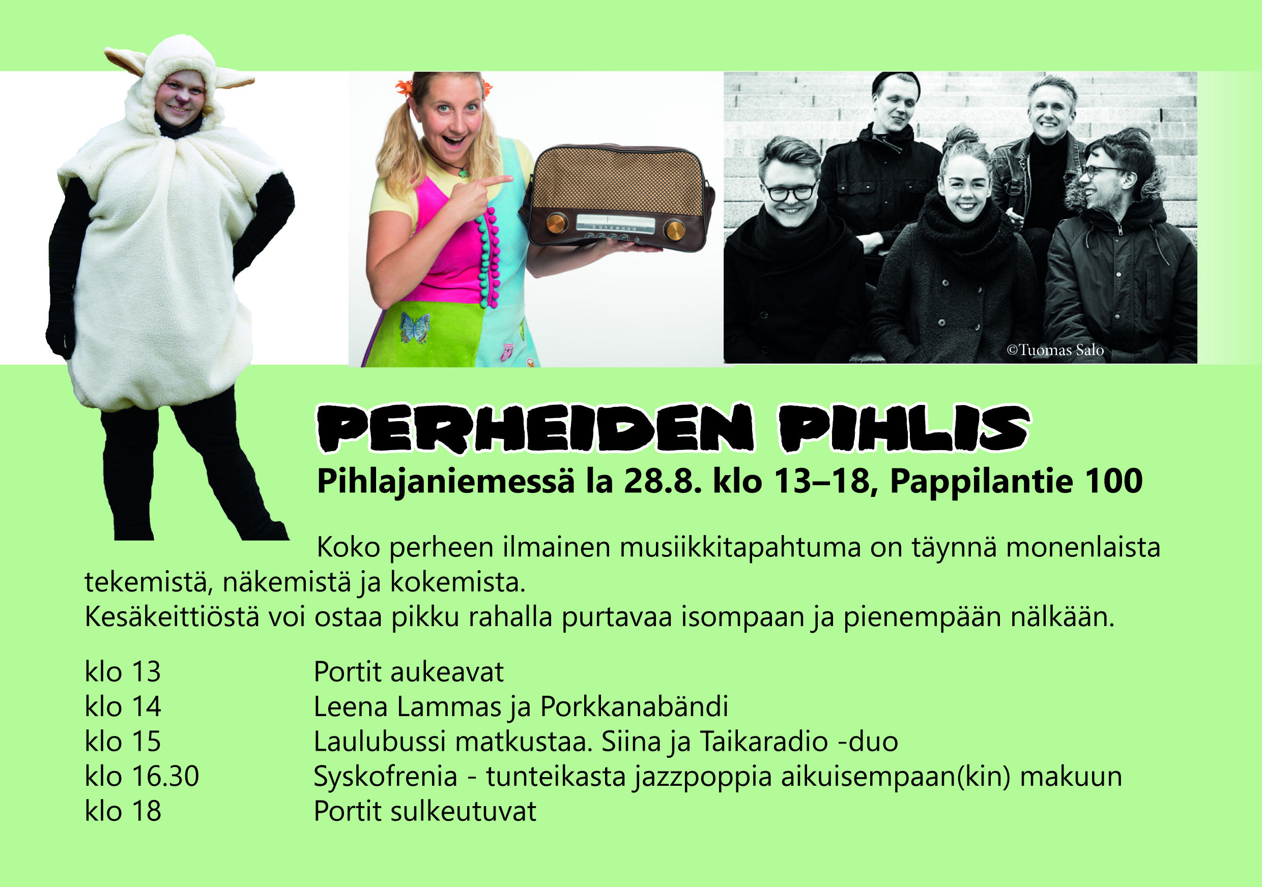 Perheiden Pihlis -festarit Mainoskuva festareilla esiintyvistä.